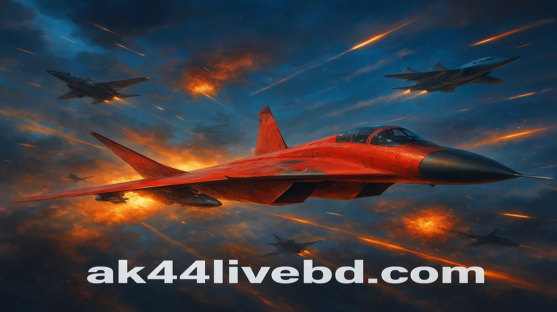 AK44 Live Aviator গেমটি কেন্দ্র করে একটি তীব্র আকাশযুদ্ধ দৃশ্য, যেখানে ফাইটার প্লেন ও বিস্ফোরণ-ভরা অ্যাকশন খেলার উত্তেজনা প্রকাশ করে।