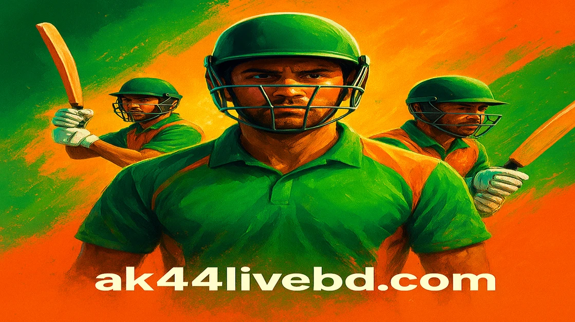 বাংলাদেশ ক্রিকেট দল মাঠে ক্রিয়াশীল; স্ক্রিনে AK44 Live লাইভ তথ্য ও লাইভ ম্যাচ পরিসংখ্যান প্রদর্শিত হচ্ছে।